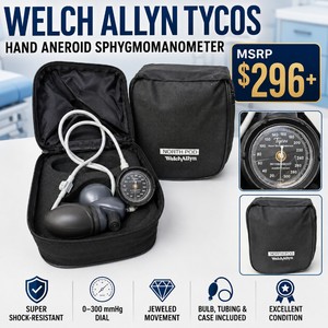 MSRP $296 WELCH ALLYN TYCOS DS58 SUPER SHOCK-RESISTANT HAND ANEROID SPHYGMOMANOMETER, 0300 MMHG LASER-ENGRAVED DIAL & JEWELED MOVEMENT FOR RELIABLE MANUAL BLOOD PRESSURE READINGS, INCLUDES BULB, TUBING & NORTH POD CARRYING CASE, EXCELLENT CONDITION