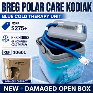MSRP $275 NEW BREG POLAR CARE KODIAK BLUE COLD THERAPY SYSTEM, COMPACT MOTORIZED ICE-WATER UNIT PROVIDES 68 HOURS OF COLD THERAPY FOR POST-OP, PHYSICAL THERAPY &amp INJURY RECOVERY, DAMAGED BOX THOUGH UNIT IS FINE &amp INCLUDES ALL PIECES