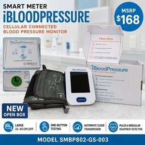 MSRP $168 NEW OPEN BOX SMART METER iBLOODPRESSURE CELLULAR CONNECTED UPPER-ARM BLOOD PRESSURE MONITOR WITH LARGE 2242 CM CUFF, ONE-BUTTON TESTING, AUTOMATIC CLOUD TRANSMISSION, PULSE RATE &amp IRREGULAR HEARTBEAT DETECTION, MODEL SMBP802-GS-003