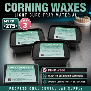 MSRP $275 LOT OF 3 CORNING WAXES PINK #366 LIGHT-CURE DENTAL CUSTOM TRAY MATERIAL CONTAINERS, READY-TO-USE HYBRID COMPOSITE FOR INDIVIDUAL IMPRESSION TRAYS &amp BASE PLATES, PROFESSIONAL DENTAL LAB, PROSTHODONTIC &amp DENTURE FABRICATION USE