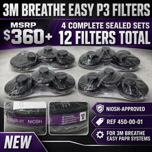 MSRP $360 NEW LOT OF 4 SEALED 3M BREATHE EASY HIGH-EFFICIENCY P3 PARTICULATE FILTER SETS, 3 FILTERS EACH (12 TOTAL), NIOSH-APPROVED, REF 450-00-01, FOR 3M BREATHE EASY PAPR SYSTEMS, INDUSTRIAL &amp OCCUPATIONAL RESPIRATORY PROTECTION
