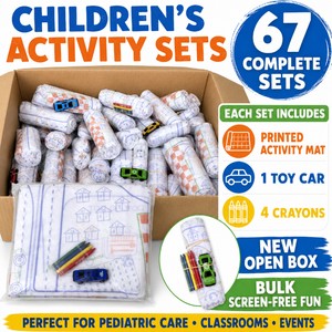LOT OF 65 NEW COMPLETE CHILDRENS ACTIVITY SETS WITH PRINTED GAME &amp ROAD PLAY MATS, 67 ASSORTED TOY CARS &amp 268 CRAYONS TOTAL, SCREEN-FREE ENTERTAINMENT FOR PEDIATRIC CARE, CLASSROOMS, DAYCARES, RESTAURANTS, EVENTS &amp CHARITABLE GIVEAWAYS