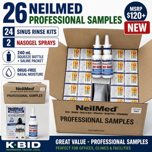 MSRP $120 NEW LOT OF 26 NEILMED PROFESSIONAL NASAL CARE SAMPLES, 24 SINUS RINSE 240 ML SQUEEZE BOTTLE KITS WITH PREMIXED SALINE PACKETS &amp 2 NASOGEL 30 ML DRUG-FREE MOISTURIZING SPRAYS FOR DRY NASAL PASSAGES, CLINICS, OFFICES &amp TRAVEL EXP 2029