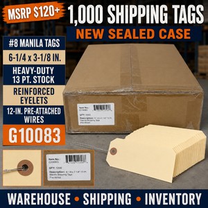 MSRP $120 NEW SEALED CASE OF 1,000 THE PACKAGING WHOLESALERS G10083 #8 HEAVY-DUTY MANILA SHIPPING TAGS, 6-14 X 3-18 IN., 13-POINT STOCK, REINFORCED TEAR-RESISTANT EYELETS &amp 12-IN. PRE-ATTACHED WIRES FOR WAREHOUSE, SHIPPING, INVENTORY &amp RETAIL