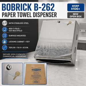 MSRP $106 NEW OPEN BOX BOBRICK B-262 CLASSICSERIES SURFACE-MOUNTED SATIN STAINLESS STEEL PAPER TOWEL DISPENSER, HOLDS 400 C-FOLD OR 525 MULTIFOLD TOWELS, LOCKING CABINET WITH KEY, REFILL WINDOWS, 10-34 X 14 X 4 IN., COMMERCIAL RESTROOM USE
