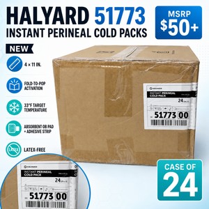 MSRP $50 NEW CASE OF 24 HALYARD 51773 INSTANT PERINEAL COLD PACKS WITH ABSORBENT OB PAD &amp ADHESIVE STRIP, 4 X 11 IN., FOLD-TO-POP ACTIVATION, 33°F TARGET TEMPERATURE, LATEX-FREE, SINGLE-USE POSTPARTUM, MATERNITY &amp POST-SURGICAL COLD THERAPY