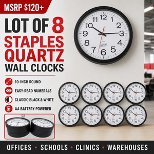 MSRP $120 LOT OF 8 STAPLES 10-INCH ROUND QUARTZ WALL CLOCKS, CLASSIC BLACK FRAMES WITH LARGE EASY-READ NUMERALS, AA BATTERY POWERED FOR OFFICES, SCHOOLS, CLINICS, WAREHOUSES, BREAKROOMS &amp CLASSROOMS