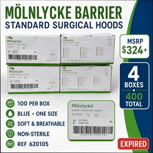 MSRP $324 NEW LOT OF 4 MLNLYCKE BARRIER STANDARD BLUE SURGICAL HOOD BOXES, 100 EACH (400 TOTAL), REF 620105, ONE SIZE, NON-STERILE, SOFT BREATHABLE PULL-ON HEADWEAR WITH TUCK-IN COVERAGE FOR HOSPITALS, SURGERY CENTERS, CLINICS &amp LABS, EXPIRED