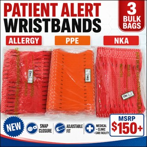 MSRP $150 NEW LOT OF 3 BULK BAGS COLOR-CODED PATIENT ALERT WRISTBANDS, ALLERGY, PPE &amp NKA, ADJUSTABLE SNAP-CLOSURE MEDICAL IDENTIFICATION BANDS FOR HOSPITALS, CLINICS, NURSING HOMES, LONG-TERM CARE &amp HEALTHCARE FACILITIES