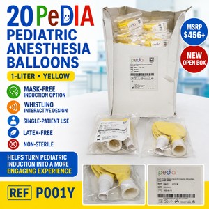 MSRP $456 NEW OPEN BOX LOT OF 20 PEDIA P001Y 1-LITER YELLOW PEDIATRIC ANESTHESIA INDUCTION BALLOONS, WHISTLING MASK-FREE OPTION HELPS EASE ANXIETY &amp ENCOURAGE COOPERATION, LATEX-FREE SINGLE-PATIENT DEVICES FOR HOSPITALS &amp SURGERY CENTERS