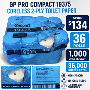 MSRP $134 NEW CASE OF 36 GP PRO GEORGIA-PACIFIC COMPACT 19375 CORELESS 2-PLY RECYCLED TOILET PAPER ROLLS, 1,000 SHEETS EACH (36,000 TOTAL), HIGH-CAPACITY COMMERCIAL BATH TISSUE FOR COMPACT DISPENSERS, TORN OUTER WRAP