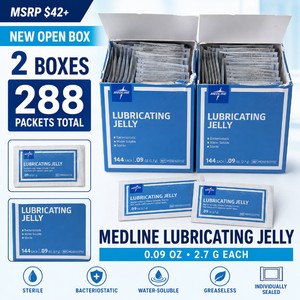 MSRP $42 NEW OPEN BOX LOT OF 2 MEDLINE STERILE LUBRICATING JELLY BOXES, 144 INDIVIDUALLY SEALED 0.09-OZ PACKETS EACH (288 TOTAL), BACTERIOSTATIC, WATER-SOLUBLE &amp GREASELESS FOR MEDICAL EXAMS, DIAGNOSTIC DEVICES, INSTRUMENTS &amp CLINICAL PROCEDURES