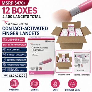 MSRP $470 NEW 12 CARDINAL HEALTH SLCA21200 CONTACT-ACTIVATED FINGER LANCET BOXES, 200 EACH (2,400 TOTAL), 21G X 2.0 MM NORMAL FLOW, STERILE SINGLE-USE SAFETY DESIGN FOR CONSISTENT SAMPLING, HOSPITALS, CLINICS, LABS &amp DIABETES CARE EXP 227