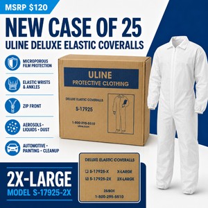 MSRP $120 NEW CASE OF 25 ULINE DELUXE ELASTIC COVERALLS 2XL, MICROPOROUS FILM-LAMINATED POLYPROPYLENE, ZIP FRONT WITH ELASTIC WRISTS &amp ANKLES FOR AEROSOL, LIQUID &amp DUST PROTECTION, AUTOMOTIVE REFINISHING, PAINTING &amp CLEANUP