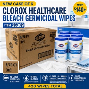 MSRP $140 NEW CASE OF 6 CLOROX HEALTHCARE BLEACH GERMICIDAL WIPE CANISTERS, 70 LARGE 6.75 X 9 WIPES EACH (420 TOTAL), 0.55% BLEACH KILLS C. DIFF &amp C. AURIS IN 3 MINUTES OR LESS, FOR HEALTHCARE SURFACES &amp MEDICAL EQUIPMENT