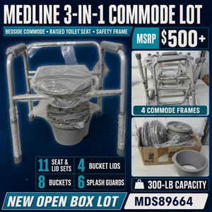 MSRP $500 NEW OPEN BOX MEDLINE MDS89664 3-IN-1 STEEL BEDSIDE COMMODE &amp REPLACEMENT PARTS LOT 4 FRAMES, 11 SEATLID SETS, 8 BUCKETS, 4 BUCKET LIDS &amp 6 SPLASH GUARDS, 300-LB CAPACITY, RAISED TOILET SEAT &amp SAFETY FRAME USE