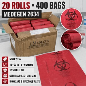 MSRP $75 LOT OF 20 ROLLS MEDEGEN 2634 RED BIOHAZARD & INFECTIOUS WASTE BAGS, 20 BAGS PER ROLL (400 TOTAL), 19 X 23, 5-7 GALLON, 1.25 MIL LLDPE, SPACE-SAVING CORELESS ROLLS & STAR-SEAL BOTTOMS FOR HOSPITALS, CLINICS, LABS & MEDICAL WASTE COLLECTION