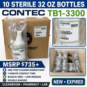 MSRP $735 NEW LOT OF 10 CONTEC HEALTHCARE TB1-3300 HCTB3300IR STERILE 32 OZ ONE-STEP DISINFECTANT CLEANER BOTTLES, DOUBLE-BAGGED, BLEACH-FREE LOW-RESIDUE FORMULA, 1-MINUTE CONTACT TIME FOR CLEANROOMS, PHARMACIES &amp LABS EXP 126