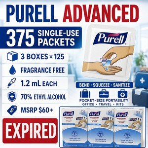 MSRP $60 EXPIRED LOT OF 3 PURELL ADVANCED FRAGRANCE-FREE HAND SANITIZER BOXES, 125 SINGLE-USE 1.2 ML PACKETS EACH (375 TOTAL), 70% ETHYL ALCOHOL, BEND-AND-SQUEEZE PORTABLE PACKS FOR OFFICES, TRAVEL, FIRST AID KITS, EVENTS &amp WORKPLACES