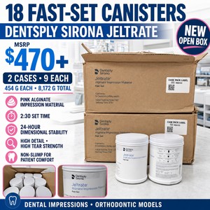 MSRP $470 NEW 2 CASES (9CASE) DENTSPLY SIRONA JELTRATE FAST SET PINK ALGINATE IMPRESSION MATERIAL CANISTERS, 454 G EACH, 230 SET TIME, NON-SLUMP FORMULA, HIGH TEAR STRENGTH &amp 24-HR DIMENSIONAL STABILITY FOR DENTAL &amp ORTHODONTIC LABS EXP 826