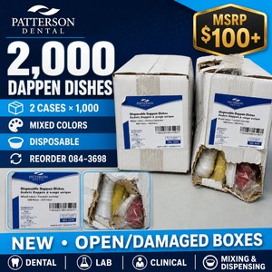 MSRP $100 NEW 2 BOXES PATTERSON DENTAL DISPOSABLE DAPPEN DISH CASES, 1,000 MIXED-COLOR DISHES EACH (2,000 TOTAL), SINGLE-USE CUPS FOR CONVENIENT DENTAL, LAB &amp CLINICAL MIXING AND DISPENSING - BOXES HAVE SLIGHT DAMAGE