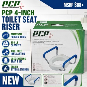 MSRP $68 NEW PCP 7027 4-INCH TOILET SEAT RISER WITH REMOVABLE PADDED ARMS, 350 LB CAPACITY, TOOL-FREE INSTALLATION, USES EXISTING SEAT &amp LID, ADDS HEIGHT FOR EASIER SITTING &amp STANDING, BATHROOM SAFETY FOR SENIORS, RECOVERY &amp LIMITED MOBILITY