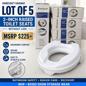 MSRP $225 NEW LOT OF 5 HOMECRAFT SAVANAH 2-INCH RAISED TOILET SEATS WITHOUT LIDS, ERGONOMIC CONTOURED DESIGN, ADJUSTABLE SECURE-FIT BRACKETS, EASY-CLEAN WHITE CONSTRUCTION FOR SENIOR CARE, RECOVERY &amp BATHROOM ACCESSIBILITY