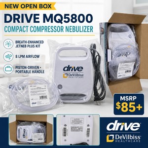 MSRP $85 NEW OPEN BOX DRIVE DEVILBISS MQ5800 COMPACT COMPRESSOR NEBULIZER SYSTEM WITH BREATH-ENHANCED JETNEB PLUS REUSABLE KIT, 8 LPM AIRFLOW, QUIET PISTON-DRIVEN PERFORMANCE & INTEGRATED CARRY HANDLE FOR RESPIRATORY THERAPY, CLINICS & LONG-TERM CARE