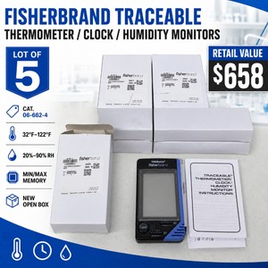 MSRP $658 NEW OPEN BOX LOT OF 5 FISHERBRAND TRACEABLE THERMOMETERCLOCKHUMIDITY MONITORS, CAT. 06-662-4, 32°F122°F, 20%90% RH, MINMAX MEMORY, 1224-HOUR CLOCK, DESKTOP STAND, LAB, PHARMACY, CLINIC, CLEANROOM &amp STORAGE MONITORING