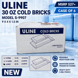 MSRP $60 NEW 2 CASES OF 6 ULINE S-9907 30 OZ REUSABLE COLD BRICKS, 9 X 4 X 1.5 IN, RIGID FOAM CORE MAINTAINS SHAPE FROZEN OR THAWED, HEAVY-DUTY 5-MIL NONTOXIC POUCHES FOR MEDICAL, LAB, PHARMACY, FOOD &amp COLD-CHAIN SHIPPING