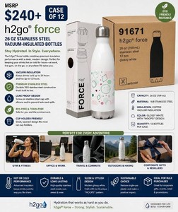 MSRP $240 NEW CASE OF 12 H2GO� FORCE 26 OZ STAINLESS STEEL VACUUM-INSULATED WATER BOTTLES, GLOSSY WHITE WITH WOOPS DESIGN, PREMIUM REUSABLE HOT &amp COLD DRINK BOTTLES FOR OFFICE, GYM, TRAVEL, CORPORATE GIFTS &amp RESALE