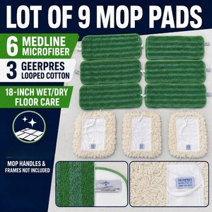 LOT OF 9 NEW COMMERCIAL FLAT-MOP REPLACEMENT PADS, 6 GREEN MEDLINE MDT217775 18-INCH MICROFIBER WETDRY MOP HEADS &amp 3 WHITE GEERPRES 55112 LOOPED COTTON PADS FOR HOSPITALS, SCHOOLS, JANITORIAL &amp FACILITY FLOOR CARE