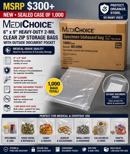 MSRP $300 NEW SEALED CASE OF 1,000 MEDICHOICE 6 X 9 HEAVY-DUTY 2-MIL CLEAR ZIP STORAGE BAGS WITH OUTSIDE DOCUMENT POCKET, MEDICAL GRADE FOR SPECIMENS, CRAFTS, DRIED HERBS, CANDY, JEWELRY, SMALL PARTS &amp COLLECTIBLES