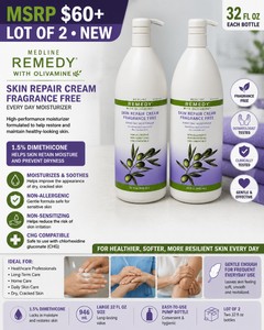 MSRP $60 LOT OF 2 NEW MEDLINE REMEDY WITH OLIVAMINE FRAGRANCE-FREE SKIN REPAIR CREAM PUMP BOTTLES, 32 FL OZ EACH, 1.5% DIMETHICONE MOISTURIZER FOR DRY, CRACKED SKIN, NON-ALLERGENIC, NON-SENSITIZING &amp CHG COMPATIBLE