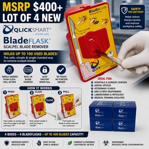 MSRP $400 NEW 4 BOXES QLICKSMART BLADEFLASK� SCALPEL BLADE REMOVERS, HOLDS UP TO 100 BLADES EACH, SINGLE-HANDED PUSH-CLICK-PULL ACTION, BUILT-IN COUNTER &amp AUTO SHUTOFF, SAFETY SHARPS DISPOSAL FOR HOSPITALS, SURGERY, DENTAL, VETERINARY &amp EMS