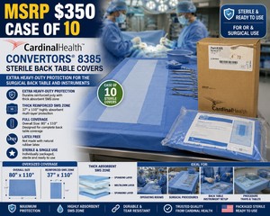 MSRP $350 CASE OF 10 CARDINAL HEALTH CONVERTORS 8385 STERILE EXTRA HEAVY-DUTY BACK TABLE COVERS, 80 X 110 IN., BLUE REINFORCED POLY WITH 37 X 110 IN. THICK SMS ZONE, NOT MADE WITH NATURAL RUBBER LATEX, OR &amp SURGICAL USE