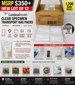 MSRP $350 NEW LOT OF 12 CARDINAL HEALTH 4 X 6 HEAVY-DUTY 2-MIL CLEAR ZIP STORAGE &amp SPECIMEN TRANSPORT BAG PACKS, 100 EACH (1,200 TOTAL), 3-WALL DESIGN FOR LABS, CRAFTS, DRIED HERBS, CANDY, JEWELRY, SMALL PARTS &amp ORGANIZATION