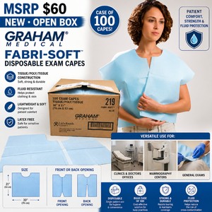 MSRP $75 NEW OPEN CASE OF 100 GRAHAM MEDICAL FABRI-SOFT BLUE DISPOSABLE EXAM CAPES, 30X21 IN., TISSUEPOLYTISSUE CONSTRUCTION FOR PATIENT COMFORT, STRENGTH &amp FLUID PROTECTION, FRONT OR BACK OPENING FOR CLINICS, MAMMOGRAPHY &amp EXAMS