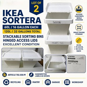 LOT OF 2 EXCELLENT CONDITION IKEA SORTERA 60L16-GALLON STACKABLE SORTING BINS WITH HINGED ACCESS LIDS, 23 X 15-34 X 18-14, SPACE-SAVING FRONT-OPEN DESIGN FOR RECYCLING, PANTRY, GARAGE, WORKSHOP, WAREHOUSE &amp BULK STORAGE