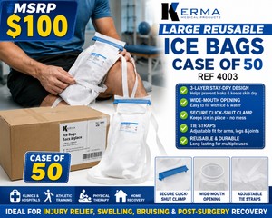 MSRP $100 NEW CASE OF 50 KERMA LARGE REUSABLE FILLABLE ICE BAGS WITH TIE STRAPS, REF 4003, 3-LAYER STAY-DRY DESIGN, WIDE-MOUTH EASY-FILL OPENING &amp SECURE CLICK-SHUT CLAMP FOR CLINICS, ATHLETIC TRAINING, PHYSICAL THERAPY &amp HOME RECOVERY
