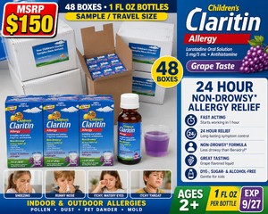 MSRP $150 NEW 48 BOXES TRAVEL SIZE CHILDRENS CLARITIN GRAPE ALLERGY LIQUID BOTTLES, 1 FL OZ EACH (SAMPLE SIZE) LORATADINE 5 MG5 ML, DYE-, SUGAR- &amp ALCOHOL-FREE, 24-HOUR NON-DROWSY RELIEF, AGES 2, EXP 927