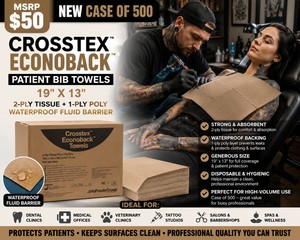 MSRP $50 NEW CASE OF 500 CROSSTEX ECONOBACK 19 X 13 PATIENT BIB TOWELS, 2-PLY TISSUE  1-PLY POLY WATERPROOF FLUID BARRIER FOR DENTAL, MEDICAL, VETERINARY, TATTOO, SALON &amp CLINIC USE