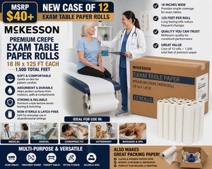 MSRP $40 NEW CASE OF 12 MCKESSON 18-802 PREMIUM CREPE EXAM TABLE PAPER ROLLS, 18 INCHES X 125 FEET EACH (1,500 TOTAL FEET), SOFT, ABSORBENT, DURABLE WHITE NON-STERILE PAPER FOR MEDICAL, DENTAL, CHIROPRACTIC, SPA, MASSAGE &amp VETERINARY TABLES
