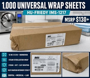 MSRP $130 NEW OPEN BOX HU-FRIEDY IMS-1217 UNIVERSAL STERILIZATION WRAP, 1,000 SINGLE-USE 12-IN X 12-IN NONWOVEN SHEETS, STEAM-PERMEABLE MATERIAL HELPS MAINTAIN INSTRUMENT STERILITY, STRONG SOFT WRAP FOR DENTAL, MEDICAL & LAB AUTOCLAVE USE, DAMAGED CARTON