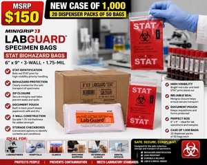 MSRP $150 NEW CASE OF 1,000 MINIGRIP LABGUARD REDCLEAR 6 X 9-INCH STAT BIOHAZARD SPECIMEN BAGS, 20 DISPENSER PACKS OF 50, 3-WALL 1.75-MIL, ZIP CLOSURE, DOCUMENT POUCH &amp STORAGE CHECKBOXES FOR LABS, HOSPITALS &amp CLINICS
