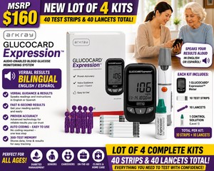 MSRP $110 NEW LOT OF 4 ARKRAY GLUCOCARD EXPRESSION AUDIO-ENABLED BLOOD GLUCOSE MONITORING KITS, PRODUCT 571100, BILINGUAL ENGLISHSPANISH VOICE, AUTO CODING, 6-SECOND RESULTS, 300-TEST MEMORY, INCLUDES 40 STRIPS &amp 40 LANCETS TOTAL, EXPIRED