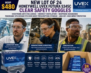 MSRP $480 NEW LOT OF 24 HONEYWELL UVEX FUTURA S345C CLEAR SAFETY GOGGLES, UVEXTREME ANTI-FOG LENSES, INDIRECT VENTILATION &amp; NEOPRENE HEADBANDS, PANORAMIC OTG DESIGN FITS OVER MOST PRESCRIPTION EYEWEAR, ANSI Z87+ HIGH-IMPACT PROTECTION