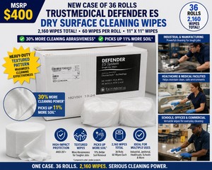 MSRP $400 NEW CASE 36 TRUSTMEDICAL DEFENDER ES DRY SURFACE CLEANING WIPE ROLLS (2,160 TOTAL), 11 X 11 TEXTURED WIPES 30% MORE CLEANING ABRASIVENESS, PICKS UP 11% MORE SOIL, IDEAL FOR JANITORIAL, INDUSTRIAL, SCHOOLS, HEALTHCARE &amp COMMERCIAL CLEANING