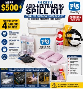 MSRP $500 NEW OPEN BOX PIG KIT318 ACID-NEUTRALIZING SPILL KIT IN CHEMICAL-RESISTANT HDPE BUCKET, ABSORBS UP TO 4 GALLONS, COMPLETE EMERGENCY HAZMAT RESPONSE KIT WITH PPE &amp COLOR-CHANGING NEUTRALIZERS, EXP 526