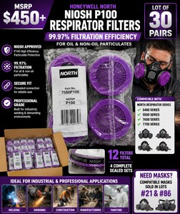 MSRP $450 LOT 30 PAIRS NEW HONEYWELL NORTH NIOSH P100 RESPIRATOR FILTERS, 99.97% FILTRATION FOR OIL &amp NON-OIL PARTICULATES, FITS NORTH 5400550076007700 SERIES RESPIRATORS, INDUSTRIAL, WELDING &amp PROFESSIONALS MASKS SOLD IN LOTS #21 &amp #86